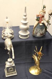 lot 109 image: Collection of Holiday Decor Items Snowman Figurine, Silver Tree, and More