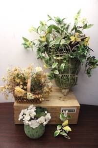 lot 249 image: Collection of 3 Decorative Flower Arrangements in Unique Planters