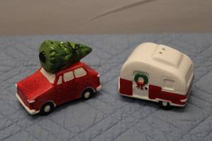 lot A-2 image: Christmas-Themed Ceramic Salt and Pepper Shakers - Red Car with Christmas Tree and Caravan