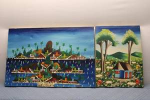 lot 25 image: Two Colorful Folk Art Paintings on Canvas - Island Scenes