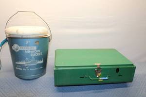 lot 28 image: Frabill Minnow Bucket with Original Foam Lid and Coleman Portable Grill