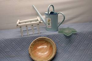 lot 38 image: Collection of Decorative Items Including Glazed Ceramic Bowl, Leaf Shaped Glass Dish, and White Wooden Plant Stand