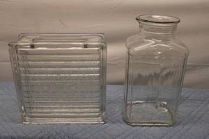 lot 39 image: Pair of Vintage Glass Containers - Decorative Square Block and Bottle