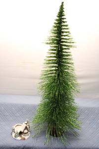 lot 44 image: Decorative Green Glitter Christmas Tree with Winter Cottage Figurine