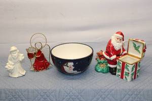 lot 55 image: Christmas Decor Collection Santa Figure, Decorative Bowl, and Angel Stand