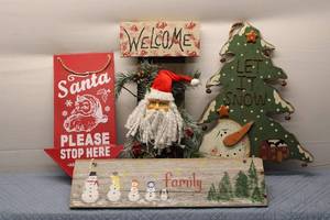 lot 60 image: Collection of 4 Vintage Holiday Signs Including Santa and Snowman Themes