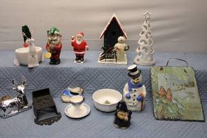 lot 84 image: Vintage Holiday Decor Collection Including Santa, Snowman, and Ceramic Tree