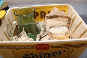 lot 110 image: Vintage Glass and Porcelain Kitchenware Set with Pitcher, Dishes, and Creamer