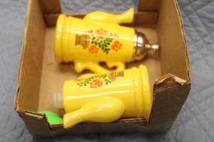 lot 161 image: Vintage Yellow Tiny Ceramic Teapot and Sugar Bowl Set with Floral Design