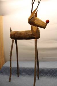 lot A-172 image: Handcrafted Wooden Reindeer Sculpture with Red Nose and Antlers
