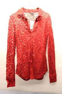 lot 190 image: Womens Red Lace Button-Up Shirt with Long Sleeves