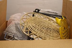 lot 216 image: Vintage Decorative Items Lot - Yellow Owl Trivet, Round Rattan Placemats, and Tile Holder