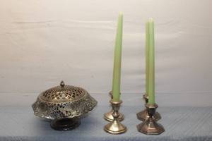 lot 223 image: Set of 3 Silver Candlesticks and Decorative Covered Dish