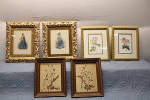 lot 236 image: Collection of Framed Floral Artwork and Vintage Fashion Illustrations