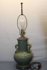lot 250 image: Vintage Green Ceramic Table Lamp with Engraved Design