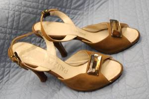 lot 257 image: Palizzio Brown Suede High Heel Sandals with Gemstone Accent - Size Unknown