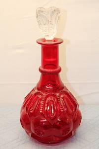 lot 261 image: Vintage Red Glass Decanter with Clear Stopper