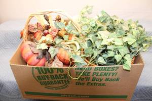 lot 267 image: Mixed Fall Decorations with Pumpkins and Floral Basket