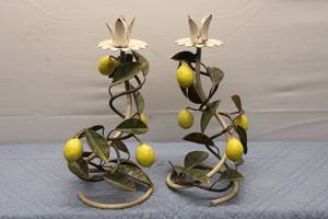 lot 278 image: Pair of Vintage Lemon-Themed Candle Holders with Leaf Design