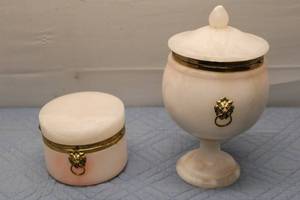 lot 280 image: Set of 2 Decorative Alabaster Jars with Metal Accents