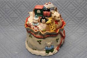 lot 294 image: Vintage Holiday-Themed Porcelain Candy Jar with Children and Toys