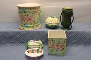lot 300 image: Lot of Vintage Hand-Painted Ceramic Dishes, Flower Pots and Planters