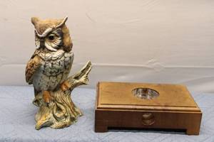 lot 303 image: Carved Owl Figurine with Wooden Display Stand