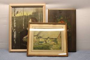 lot 307 image: Lot of 3 Framed Vintage Art Prints Child with Bird and Thatched Cottage