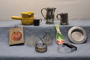 lot 328 image: Collection of Kitchenware Including Yellow Ceramic Creamer and Pewter Pitcher