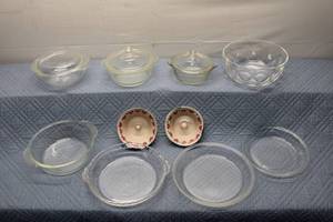 lot 342 image: Collection of Vintage Glass and Ceramic Bakeware Including 2 Covered Dishes and Heart-Decorated Bowls