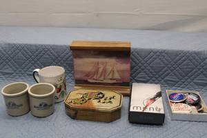 lot 356 image: Collection of Decorative Items Including Ship Photo Frame, Vintage Elephant Box, and Two Ceramic Mugs