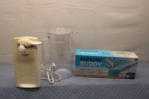 lot 375 image: Baseboard Buddy Cleaning System with Adjustable Handle and Reusable Pads, Electric Can Opener