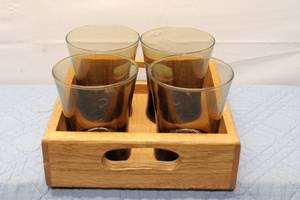 lot 384 image: Set of 4 Vintage Amber Glass Tumblers with Wooden Caddy