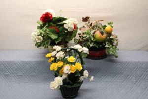 lot 399 image: Set of 3 Artificial Floral Arrangements - Mixed Flowers and Fruit Decor