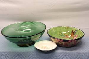 lot 410 image: Set of 3 Decorative Bowls Green Glass Bowl, Floral Plate, and Hand-Painted Ceramic Bowl
