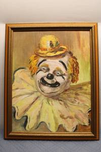 lot A-418 image: Framed Vintage Clown Painting with Yellow Hat