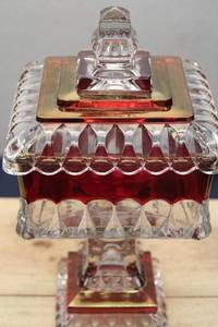 lot 286 image: Vintage Ruby Red Glass Candy Dish with Lid - Square Crystal Style