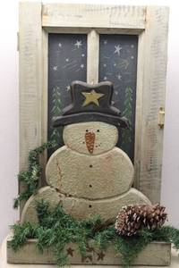 lot 387 image: Vintage Wooden Snowman Decoration with Pinecones and Greenery
