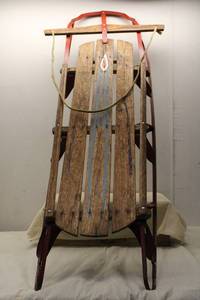 lot 388 image: Vintage Wooden Sled with Red Metal Runners