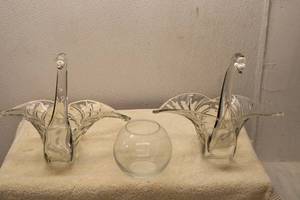 lot 401 image: Collection of Vintage Cut Glass Swan Vases and Frosted Stemware