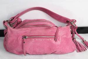 lot 447 image: Stylish Pink Corduroy Handbag with Multiple Zippers and Tassels