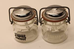 lot 498 image: Set of 2 Vintage Glass Spice Jars with Metal Lids - Salt and MoorMans