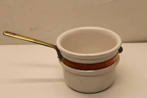 lot 538 image: Vintage Ceramic and Brass Sauce Pan with Copper Band