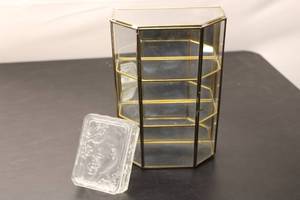 lot 545 image: Vintage Glass Display Case with Gold Trim and Decorative Glass Box