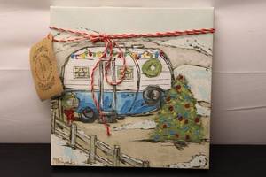 lot 551 image: Framed Canvas Art by Lisa McReynolds - Vintage RV with Christmas Tree