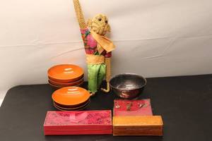 lot 566 image: Set of 6 Vintage Orange Ceramic Plates, Decorative Monkey Figure, and Silver Bowl