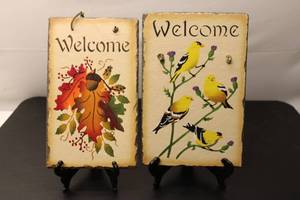 lot 567 image: Set of 2 Welcome Wall Decorations with Autumn Leaves and Goldfinches