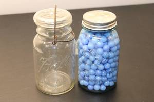 lot 595 image: Vintage Ball Mason Jars with Blue Marble Fillers