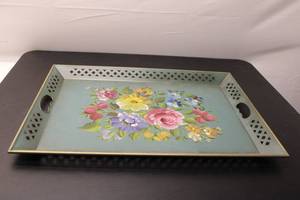lot 661 image: Vintage Floral Serving Tray with Cut-Out Handles