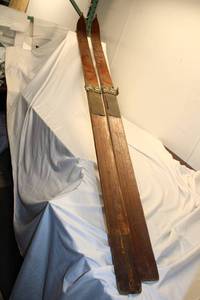 lot 672 image: Pair of Vintage Wooden Cross Country Skis with Metal Bindings
